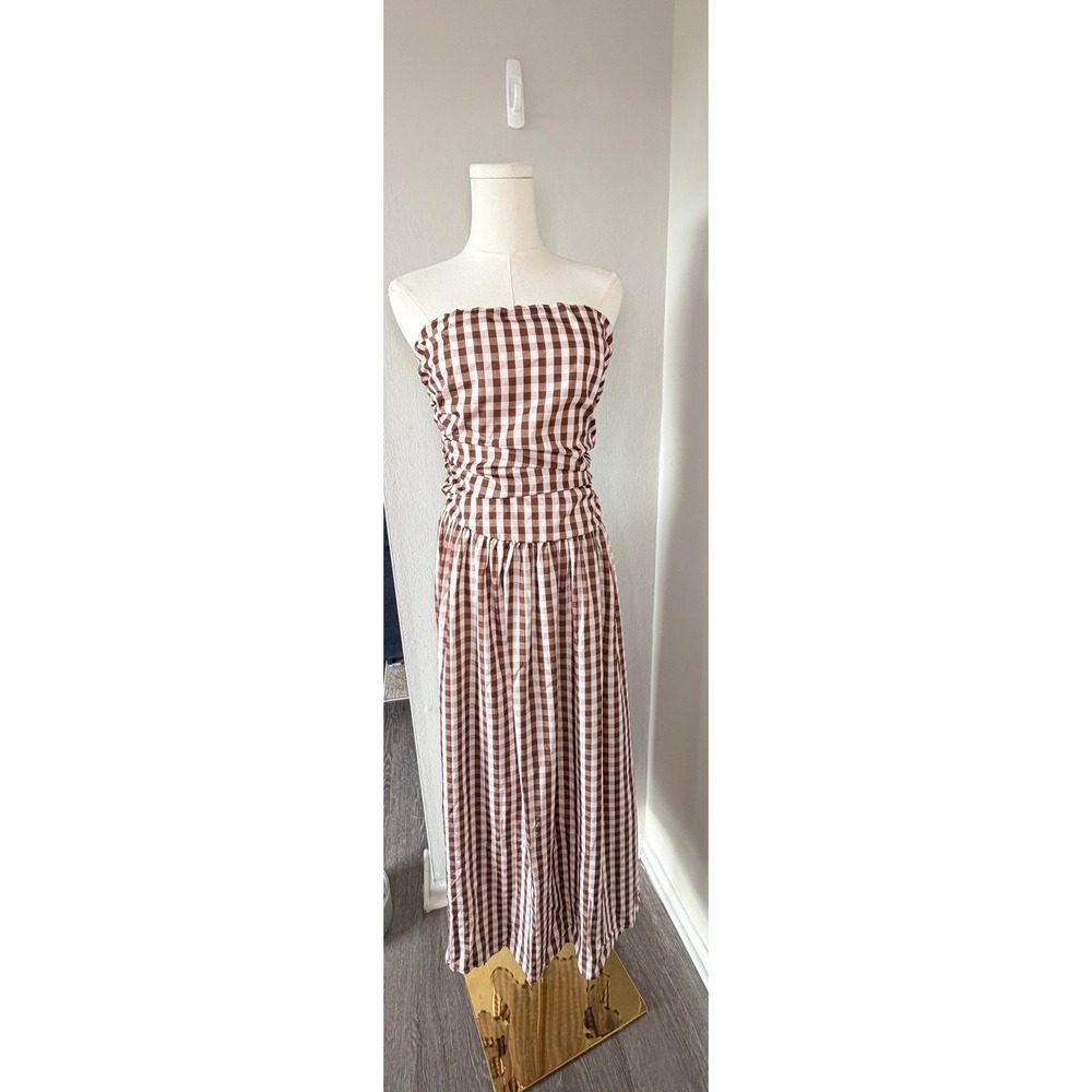 Brown Gingham Strapless Maxi Dress S Ruched Drop Waist Cottagecore Picnic